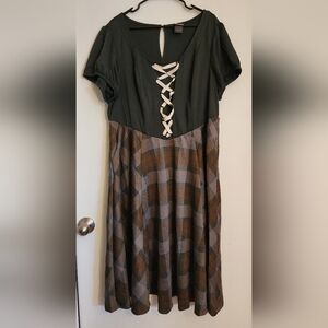 Torrid Outlander Black and Brown Plaid Dress with Ribbon Detail